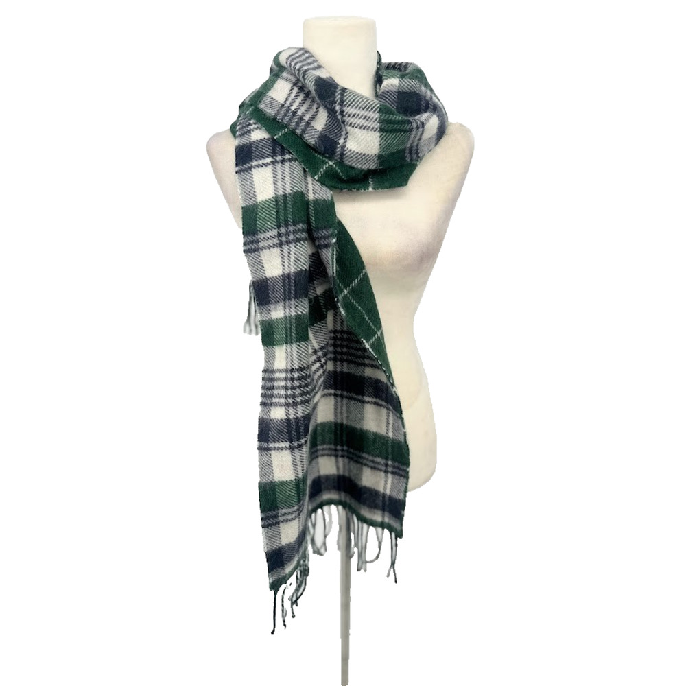 Jos‎ A Bank Plaid Scarf Blue Green Reversible 100% Soft Acrylic Fringe Preppy